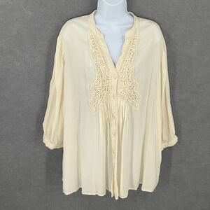 Chelsea Studio Ivory Boho Top 1X Crochet Detail Button Up 3/4 Sleeve Cottagecore